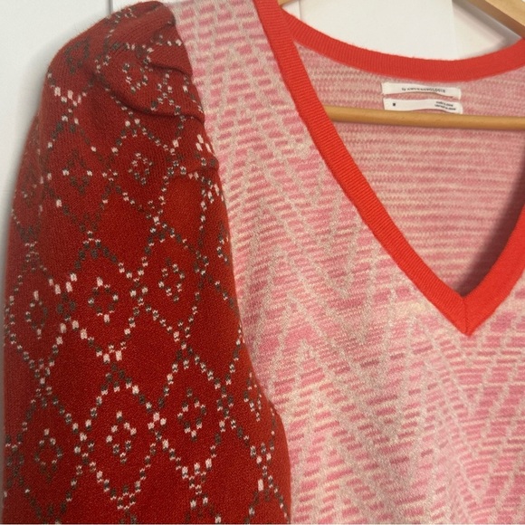 Anthropologie Cherie Puff Sleeve Sweater Medium Red pink cozy v-neck soft boho - Picture 14 of 14